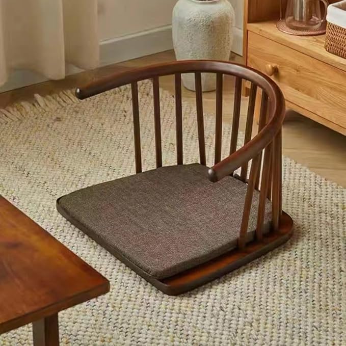 Solid Wood Floor Chair with Curved Back, Multi-Functional Low Stool for Living Room, Bedroom, Meditation Chair with Removable Cushion, Comfortable Legless Accent Chair(Brown)