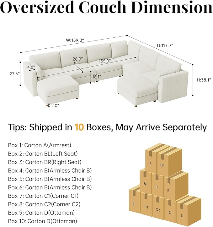 CUGOAO 159'' Modular Sectional Sofa, 8-Seater Oversized U-Shaped Sectional Couch with Ottoman, Deep Seat Chenille Cloud Couch, Mordern Upholstered Couches for Living Room, Apartment, Office, Beige