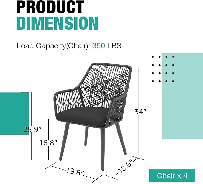 Patiorama Patio Dining Chair Set of 4,Woven Rope Outdoor Dining Chairs w/Steel Frame,All-Weather Twisted Rattan Chairs w/Armrest & Cushion,Outdoor Dining Wicker Chairs for Backyard Garden(Dark Grey)