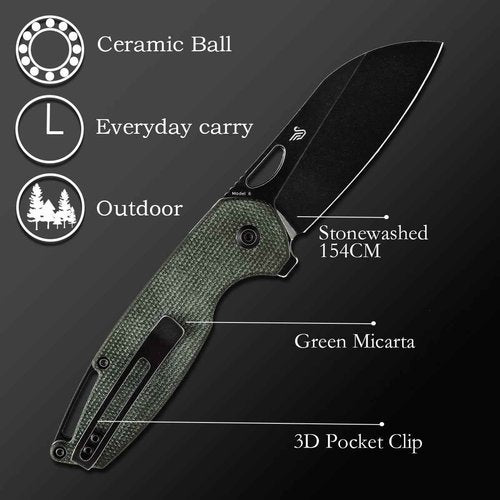 KANSEPT Model 6 Pocket Knives EDC Camping 3.1'' 154CM Material Pocket with Green Micarta Handle Everyday Carry T1022A2