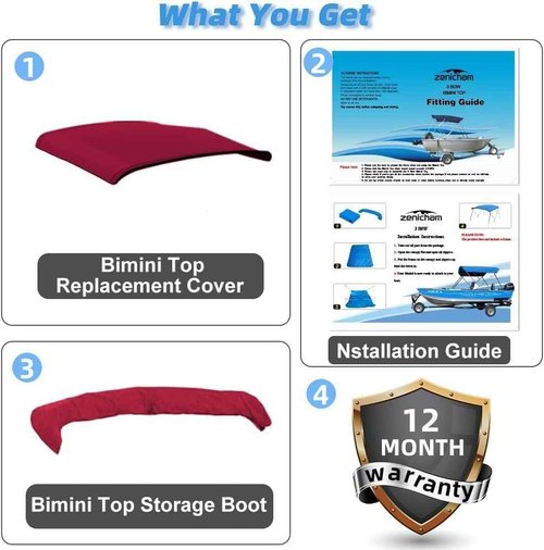 Seapisode 3 Bow Bimini Top Replacement Cover，600D Marine Grade Polyester Waterproof Sun Shade Boat Canopy，Easy Install Zipper Sleeves Boat Awning/Without Frame,Burgundy 6'L 67"-72" W