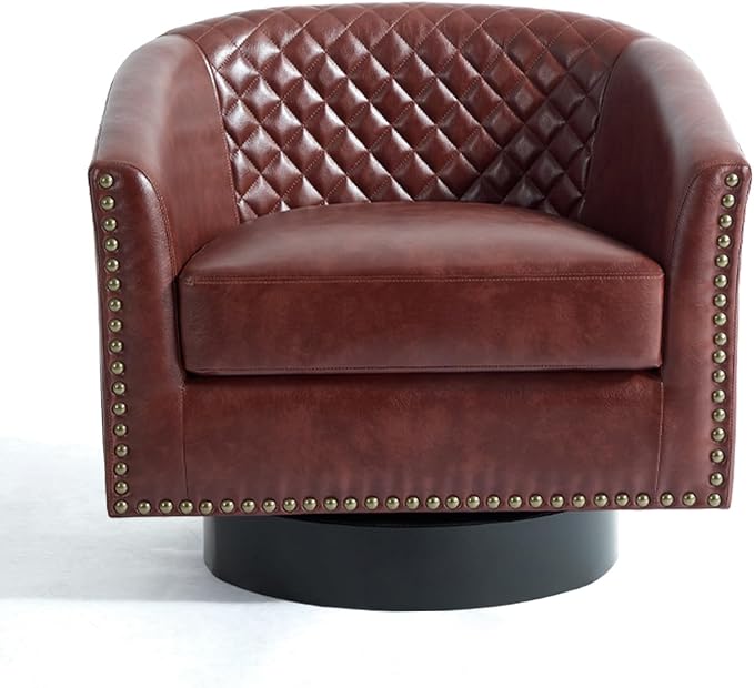 UIXE Faux Leather Swivel Accent Chairs Set of 2, Upholstered Barrel Club Chair for Living Room, Round Armchair Comfy Single Sofa Bedroom Reading Seat - Red Brown