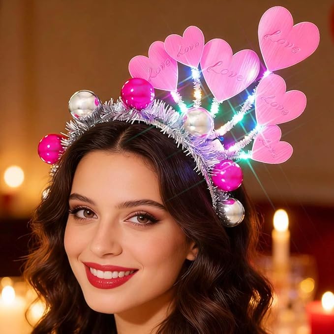 Yean Love Heart Valentine's Day Headband Ball Light Up Pink Party Costume Hair Accessories for Women