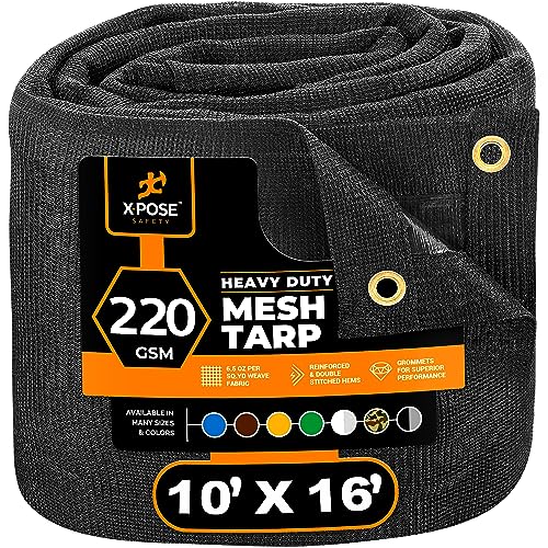 Xpose Safety Heavy Duty Mesh Tarp – 10’ x 16’ Multipurpose Black Protective Cover with Air Flow - Use for Tie Downs, Shad...