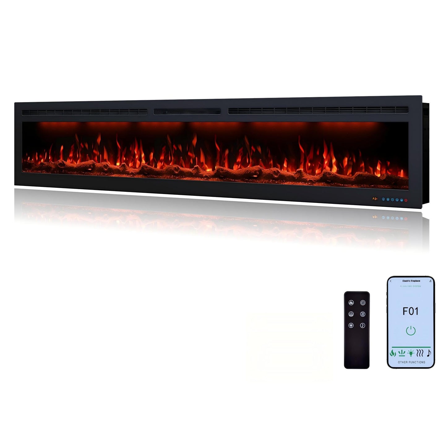 72 inch Electric Fireplace Heater, Smart Control via Alexa& App, Recessed and Wall Mounted Fireplace Insert with Multicolor Realistic Flame Effects,Crackling Sound and Logs& Crystal,5100Btus, Black