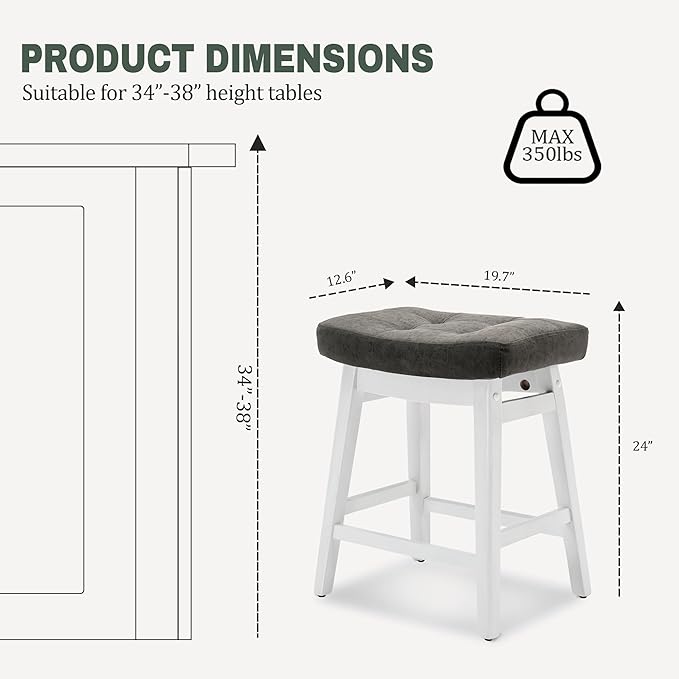 RNKSFX Counter Height Bar Stools Set of 6 for Kitchen Counter Farmhouse Modern Barstools with Faux Leather Upholstered Backless Seat and Solid Wood Legs 24 inch Bar Chairs, Grey + White