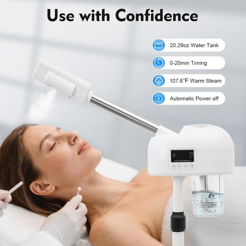 Professional Facial Steamer, Hot Mist Spray & Ozone, LCD Touch Screen & Timer Function, 600CC Large Capcity Water Jag, SPA at Home, White
