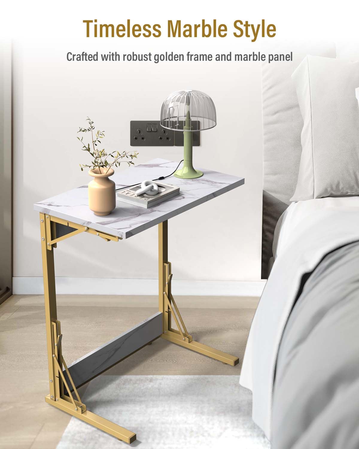 Tatub 24" Folding TV Tray Table, Marble C Shaped End Table for Couch, Small Sofa-Side Laptop Desk with Gold Metal Frame for Living Room, Bedroom, Bedside