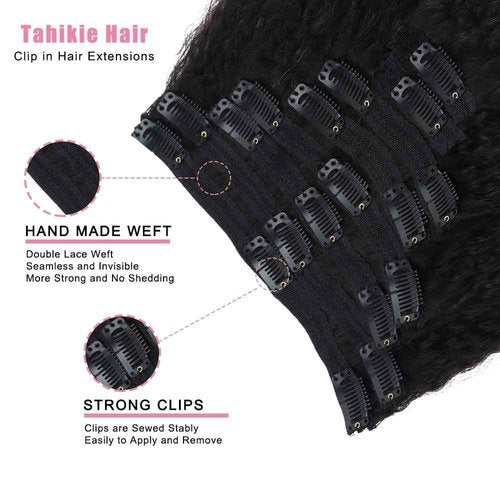 Tahikie Kinky Straight Human Hair Clip in Extensions 120g Full Head Clip ins for Women 100% Unprocessed Brazilian Virgin Human Hair Yaki Straight Clip ins Remy Hair Natural Black 8Pcs 18Clips 20inch
