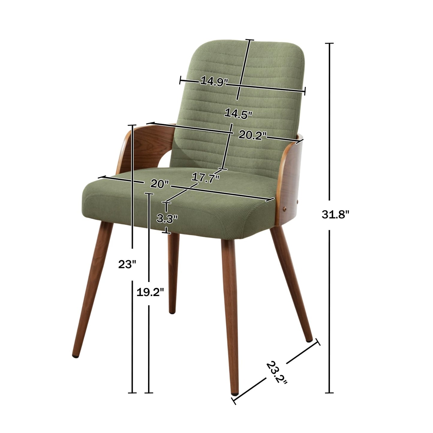 YOUUGIOR Dining Room Chairs Set of 2,Mid Century Modern Kitchen Chairs,Green Corduroy Fabric Upholstered Accent Chairs,Metal Legs Wooden Desk Chairs,Armless and No Wheels for Kitchen Dining Room
