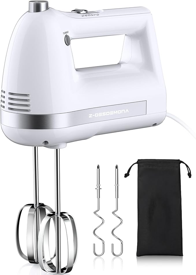 Electric Hand Mixer, Powerful 300W Hand Mixer Electric Handheld with 304 Beaters, Dough Hook,Hand Held Mixer with Turbo for Baking Cakes, Eggs, Cream Food(White)