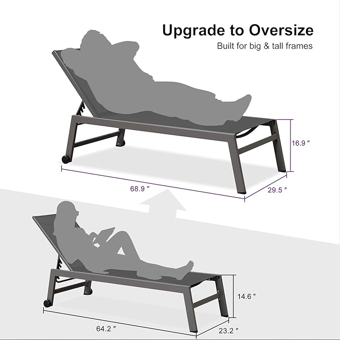 PURPLE LEAF Outdoor Chaise Lounge Set for 2 Oversized Pool Lounge Chairs with Easy-to-Move Wheels and Adjustable Backrest Extra Large Patio Loungers for Poolside Deck Beach Yard Table Included, Grey