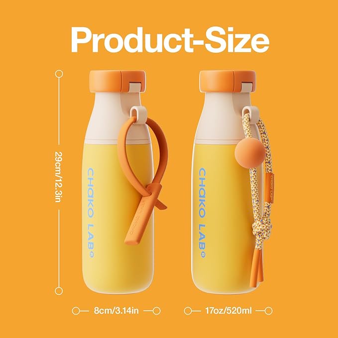 CHAKO LAB Insulated Stainless Steel Water Bottle with Two Strap | BPA-Free Leak Proof | 17oz Bottle with Spout Lid & Straw | Orange Marmalade