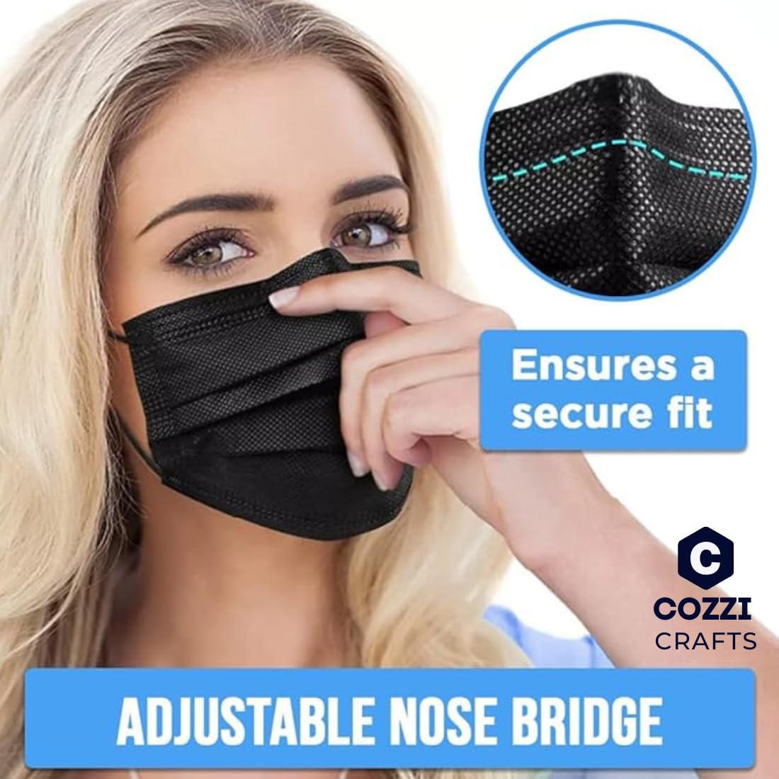 Cozzi Crafts Black Face Masks Disposable 100 Pack 3 Ply Facemask with White Inside, Dust & Allergy Mask, 3 Layer Adult Breathable