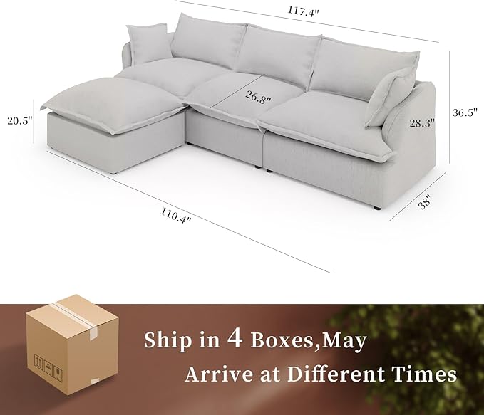 Intuition Decor Cloud Modular Sectional Sofa,117" Down Filled Comfort L Shaped Comfy Sofa Couch with Cushion Covers Removable Extra Deep Seats,Couch for Living Room Apartment Office
