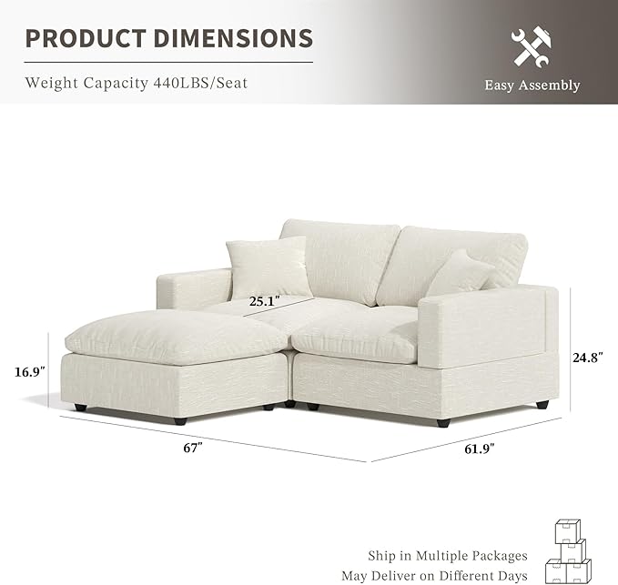 Cloud Couch Modular Sectional Sofa, 67" L Shaped Sectional Couches for Living Room, Down Filled Wide & Deep Seat Cloud Sofa with Ottoman, Removable Washable Cushion Cover & Backrest Pillow Cover