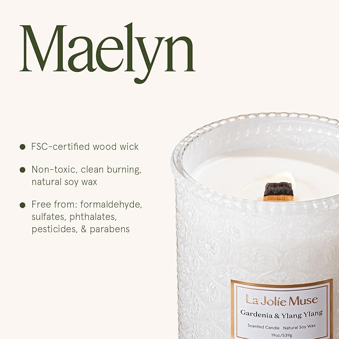 LA JOLIE MUSE Gardenia & Ylang Ylang Scented Candle – Ylang, Tuberose, Orange Blossom |19 oz Large Wooden Wick Candle | Natural Soy Wax | 90 Hours Clean Burn | Gift-Ready for Hosts