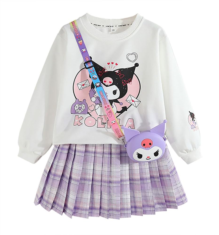 Satdflie Girls 3 Piece Outfits Cartoon Crewneck Long Sleeve Pullover Sweatshirt + Plaid Pleated Mini Skirt + Bag Sets, Purple, M