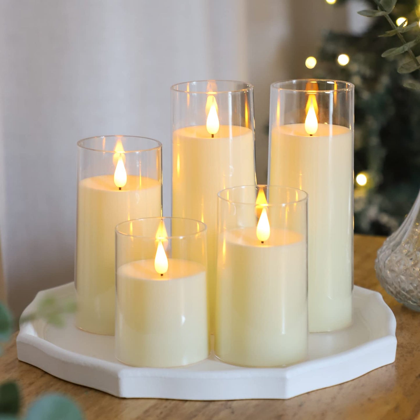 Fo32won Ivory White LED Flameless Pillar Candles Battery Operated with Remote and Timer, Pack of 5 (D 3"×H 4" 5" 6" 8" 8") Decorative Acrylic Flickering Candles with 3D Flame