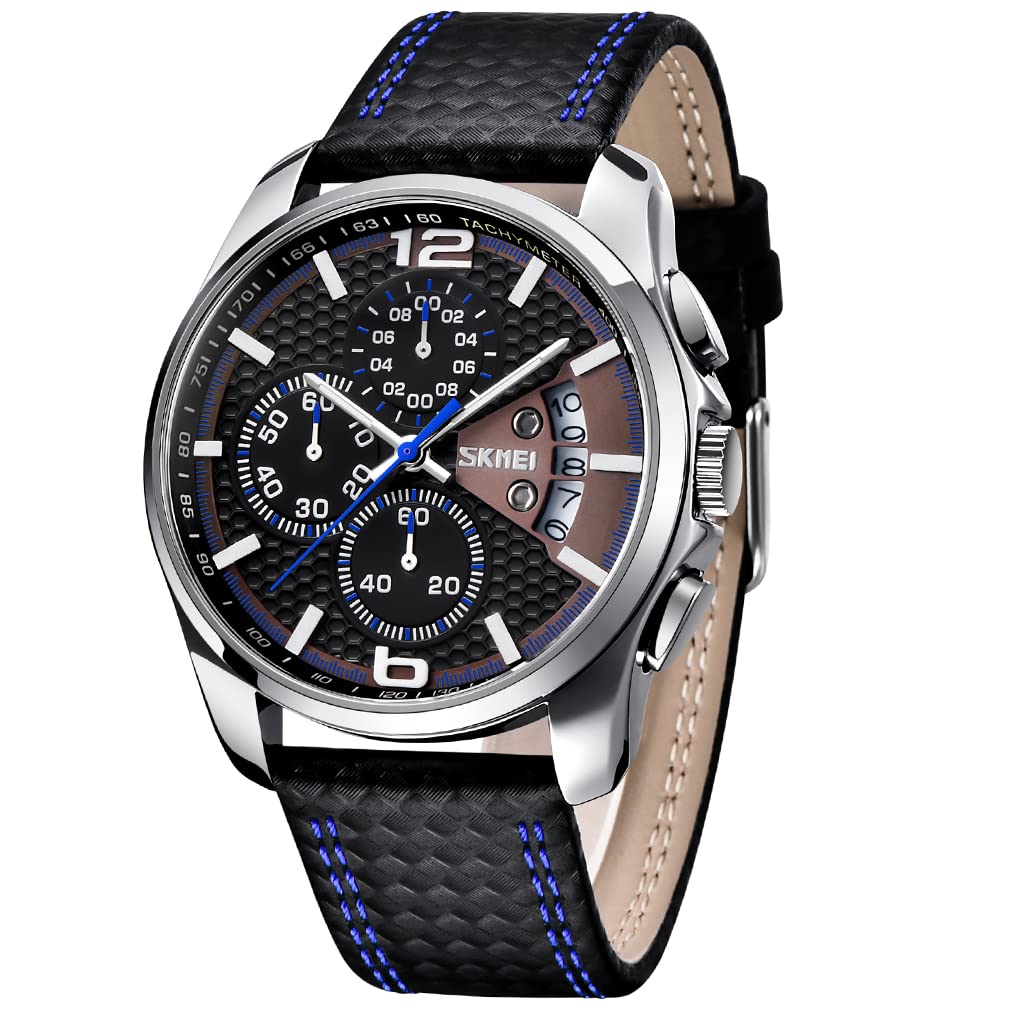 SKMEI Men Watches Black Leather Band Sports Large Big Face Luxury Waterproof Luminous Fashion Dress Casual Analog Quartz Chronograph Father Gifts Wrist Watch