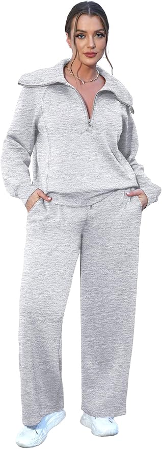 XIEERDUO Lounge Sets For Women 2025 Half Zip Sweatshirt And Wide Leg Sweatpant 2 Piece Outfits Sweatsuit Tracksuit