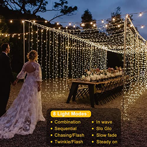 DealBeta Battery Operated Curtain Lights,9.8ft×9.8ft 300 LED Curtain Lights with Remote Timer 8 Modes, Waterproof Hanging ...