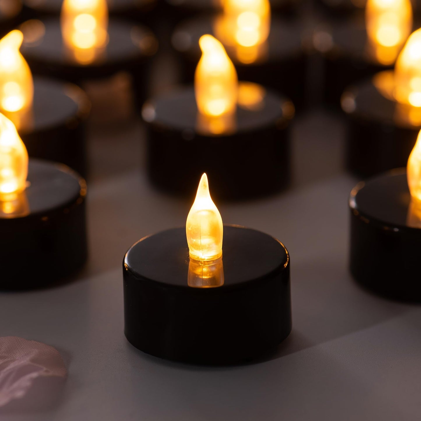Pandaing Lasts 2X Longer Black Flameless Tealight Candles, 100 Pack, Batteries Included, Realistic Tea Lights Candles, Flickering Bright Tealights, Battery Operated Candles for Halloween Decorations