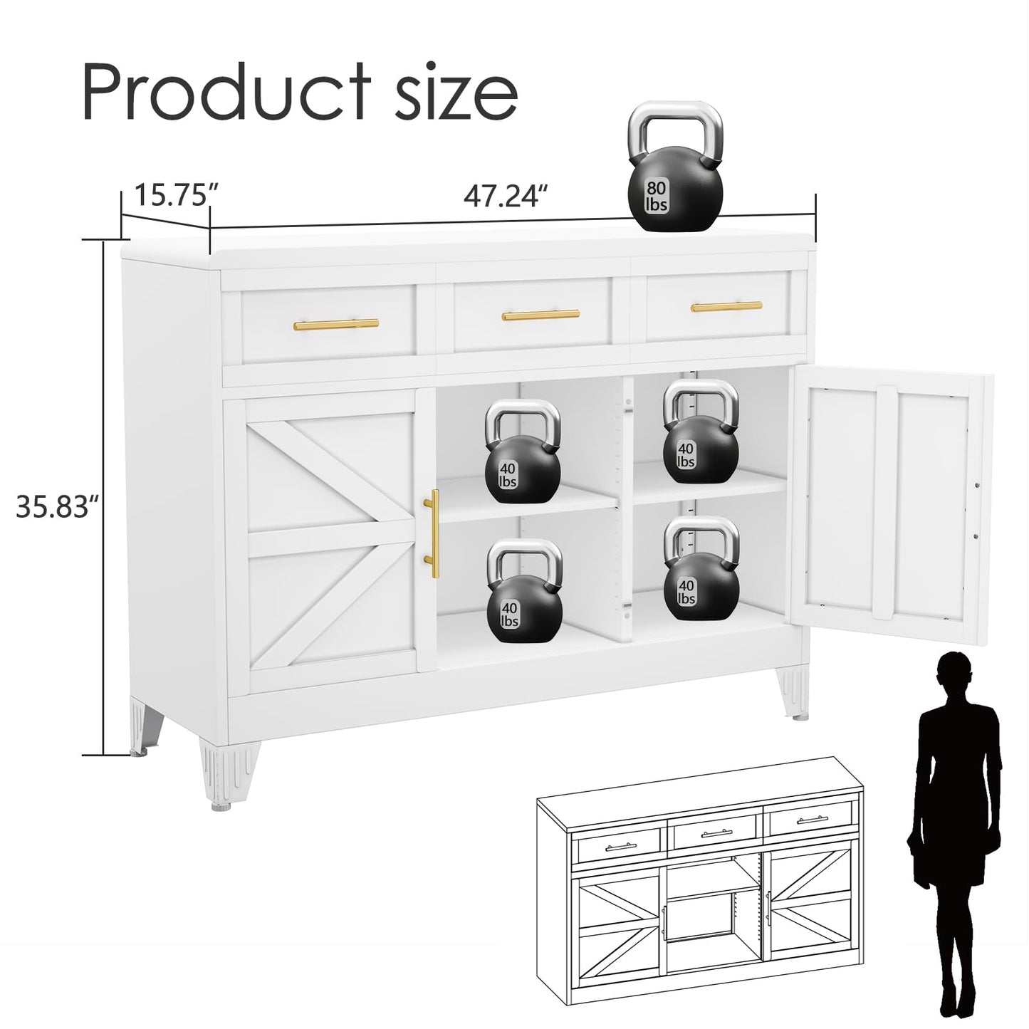 Sideboard Buffet Cabinet with Drawers, 47.2" Large Sideboard Cabinet with Doors & Adjustable Shelves, Modern Farmhouse Coffee Bar Console Table, Coffee Bar for Kitchen, Dining Room