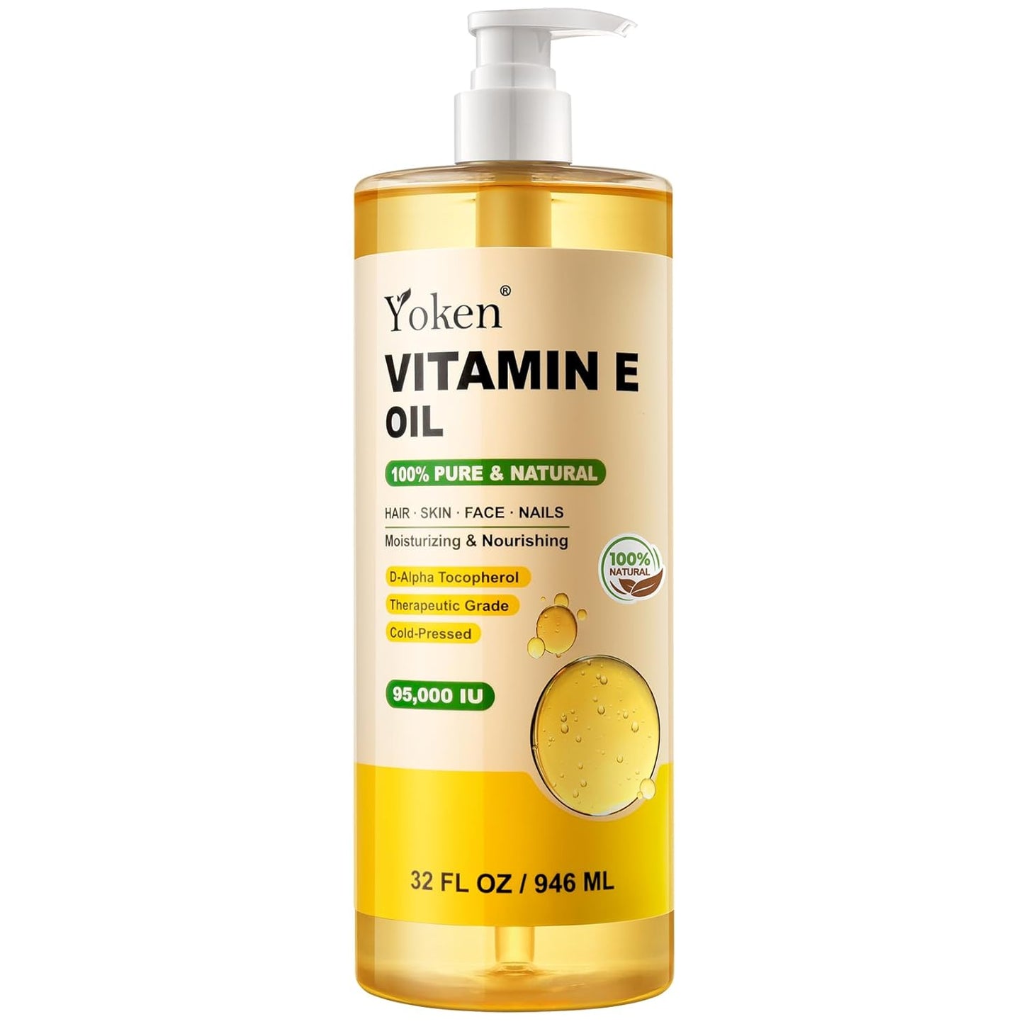 Yoken Vitamin E Oil 32 Fl Oz Organic Vitamin E oil for Skin 95,000 IU Vitamine oils for Scars Hair,Face,Nail,Scalp Perfect DIY Bath and Body Oil Cold Pressed Hexane Free Non-GMO Gluten Free Formula
