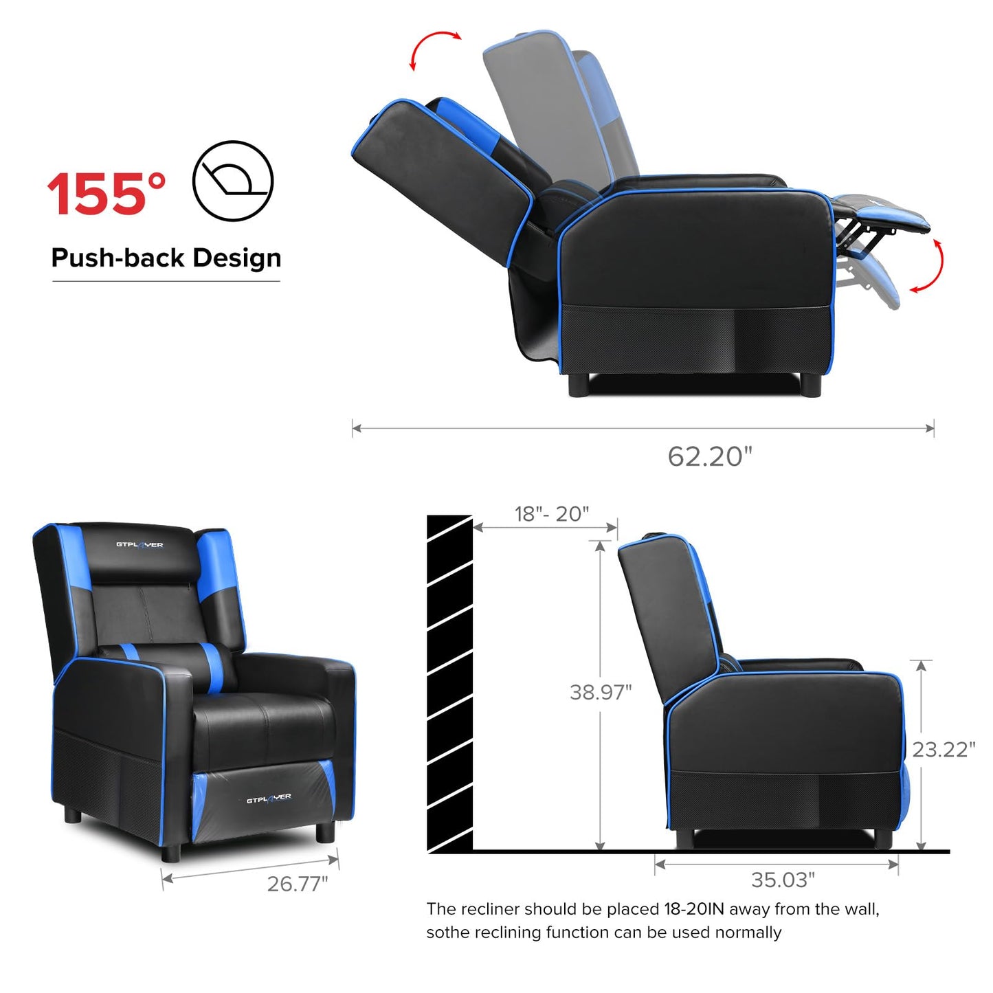 GTPLAYER Gaming Recliner Chair for Living Room Racing Style Single PU Leather Gaming Sofa for Adults Modern Game Recliners Ergonomic Comfortable Home Theater Seating, Blue