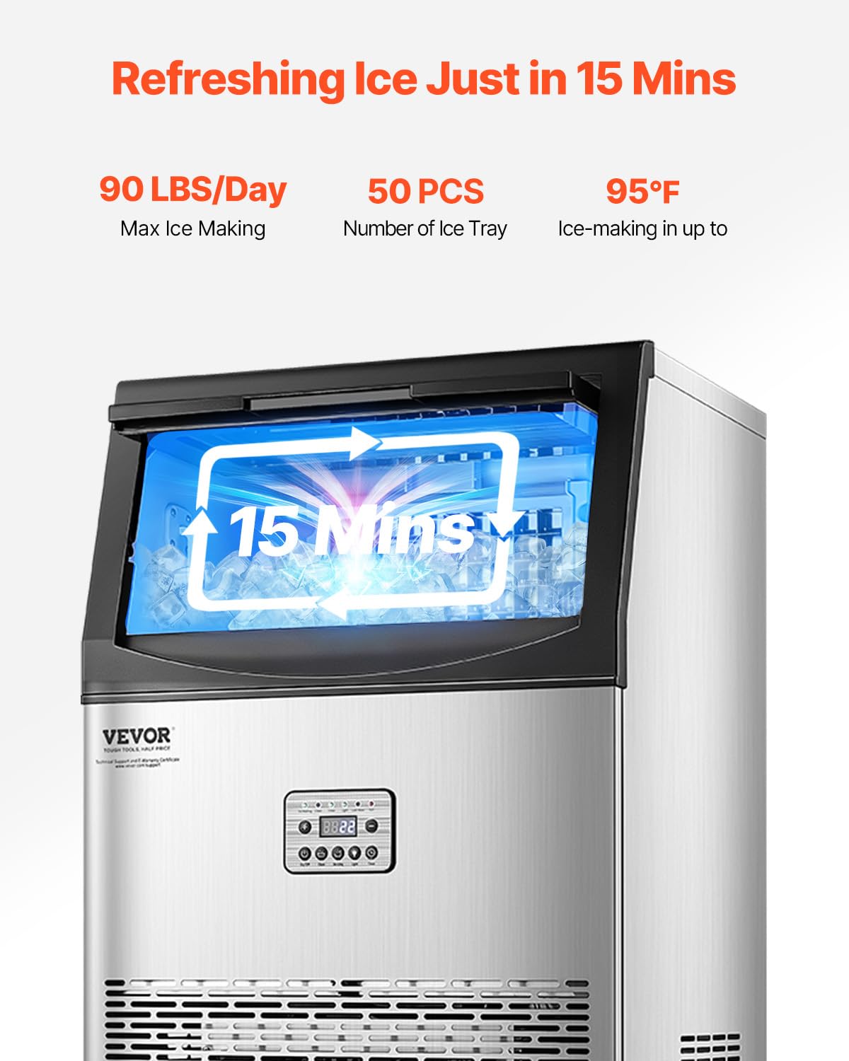 Vevor 90Lbs/24H Commercial Ice Maker Machine With Drain Pump, 33Lbs Storage Capacity Ice Maker, 50 Ice Cubes In 15 Minutes, Led