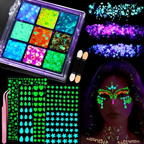 YGDZ Glow in The Dark Body Glitter, Face Glitter Gel, Mermaid Face Gems Kit, Hair Glitter Jewels for Makeup, Festival Outf...