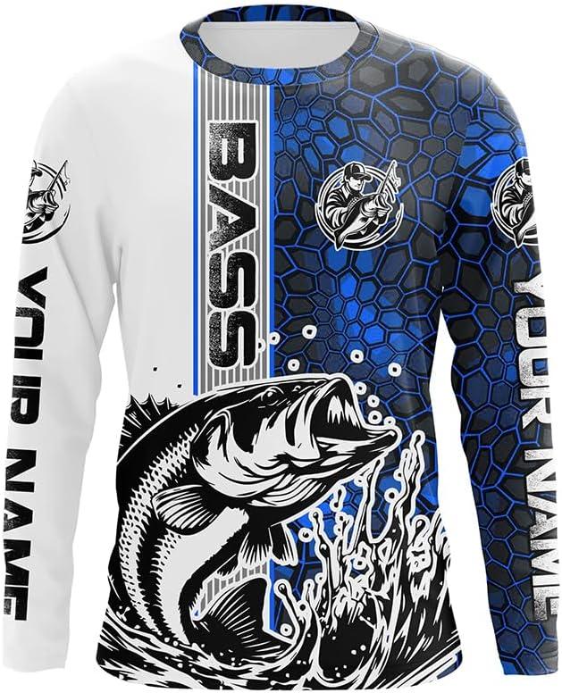 Largemouth Bass Fishing Custom Long Sleeve Tournament Shirts, Bass Fishing Jerseys | Water Blue Camo