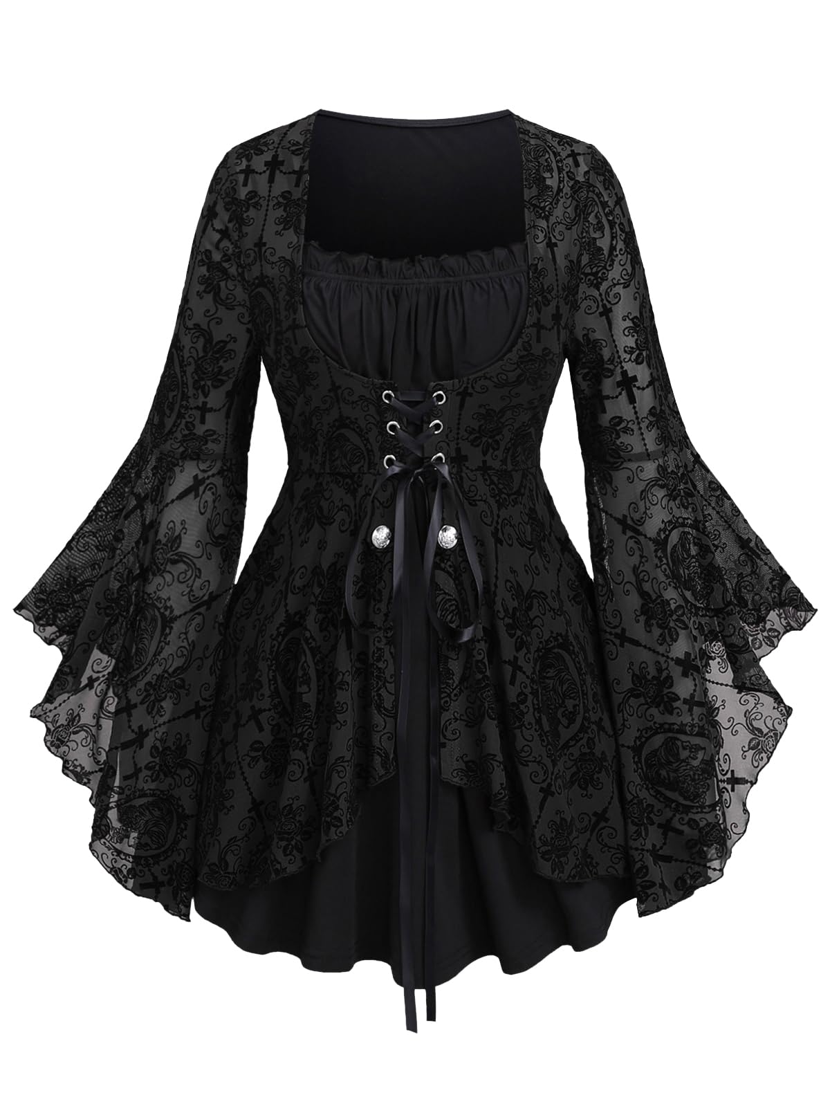 Rosegal Women Plus Size Flare Sleeves Ruffles Flower Lace Up 2 in 1 Top Long Sleeves Gothic Costume Top Bell Sleeves Twofer Tee(Black_5/L)