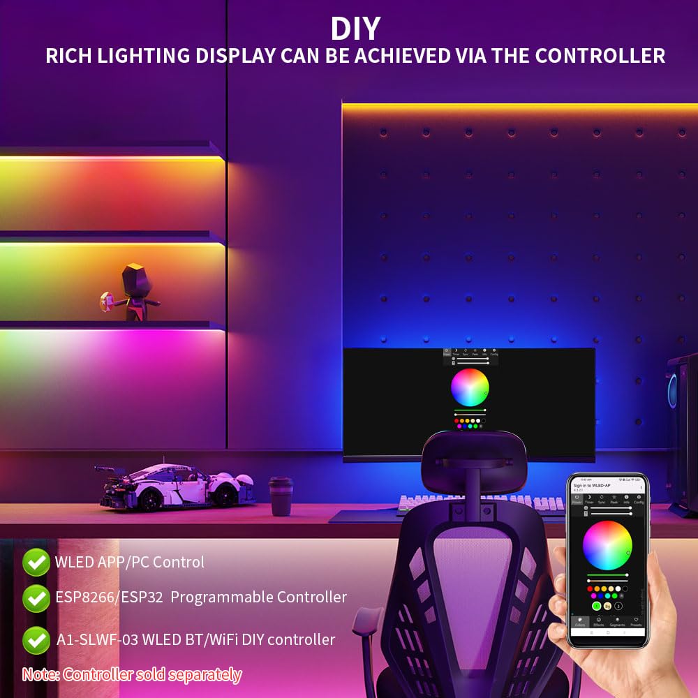 LOAMLIN WS2812B IC RGB 5050SMD ECO Individual Addressable LED Strip Light, 16.4FT 300LED 60LED/m Flexible Full Color IP67 Waterproof DC5V Black PCB for DIY Project (No Power Adapter or Controller)
