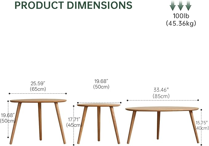 Vadisun Small Oval Nesting Table, Mid Century Coffee Table for Living Room,Solid Oak Wood End Tables,Triangle Tabletop with 3 Legs,Minimalist Display Living Tables (Original Wood Color, 3 Pieces)