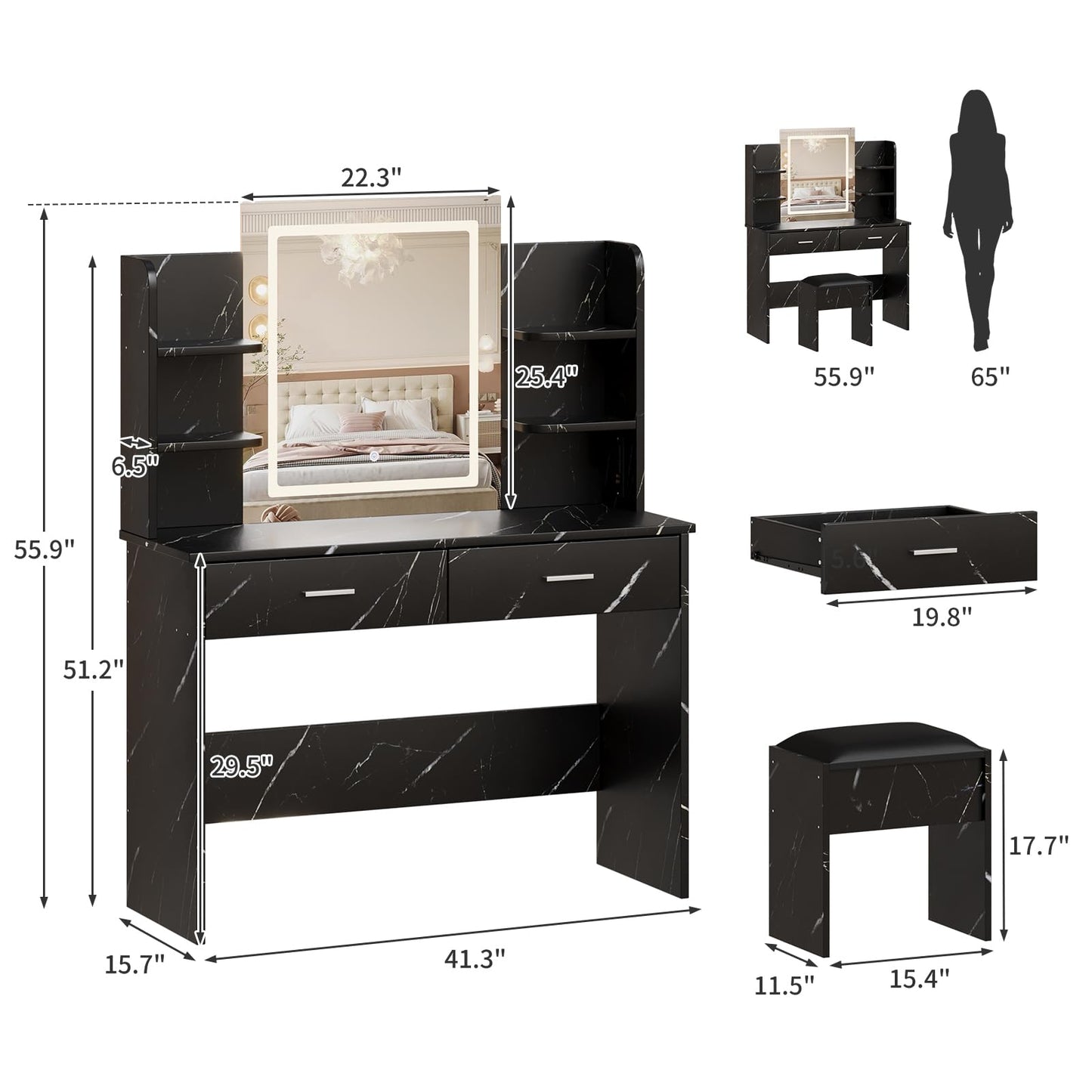 GAOMON Makeup Vanity Desk with Lights and Mirror, Vanity Table with 3 Lighting Modes, Storage Drawer, Shelves, Charging Station and Included Stool for Bedroom, Marble Black