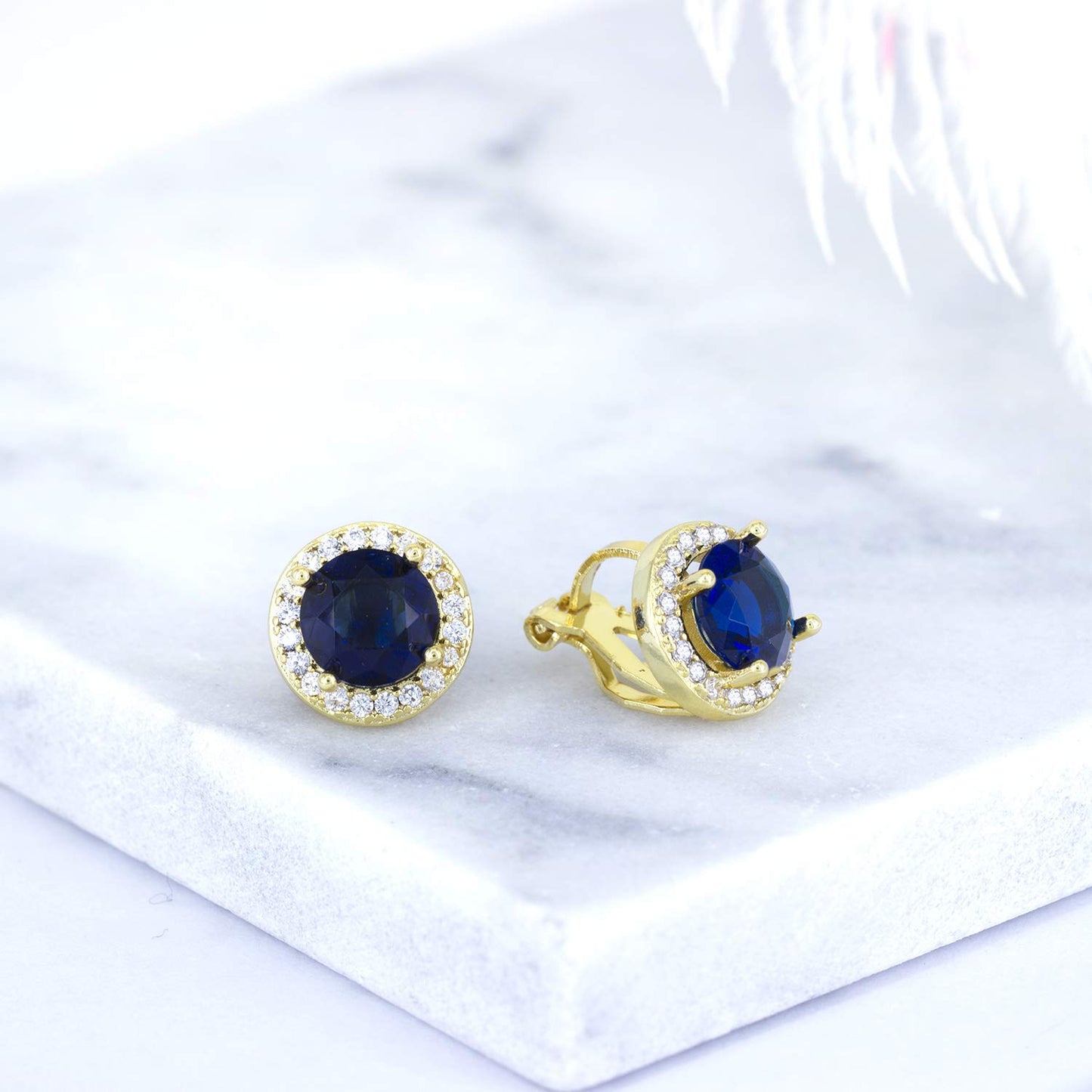 YOQUCOL 8MM Blue Cubic Zirconia Crystal Clip On Stud Earrings Round Non Pierced Earrings For Women