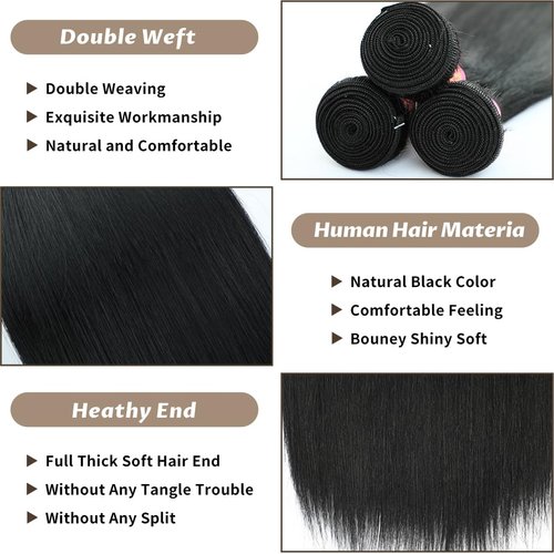16 18 20 Inch Human Hair Bundles 12A Straight Bundles Human Hair 100% Unprocessed Brazilian Virgin Hair for Women Quick Weave Hair 3 Bundle Deals Hair Extensions Natural Black