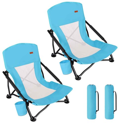 TOBTOS Low Beach Chair, Beach Chairs for Adults 2 Pack, Low Profile Folding with Cup Holder & Carry Bag, Heavy Duty Chair for Outdoor Sand, Camping, Concert, Travel