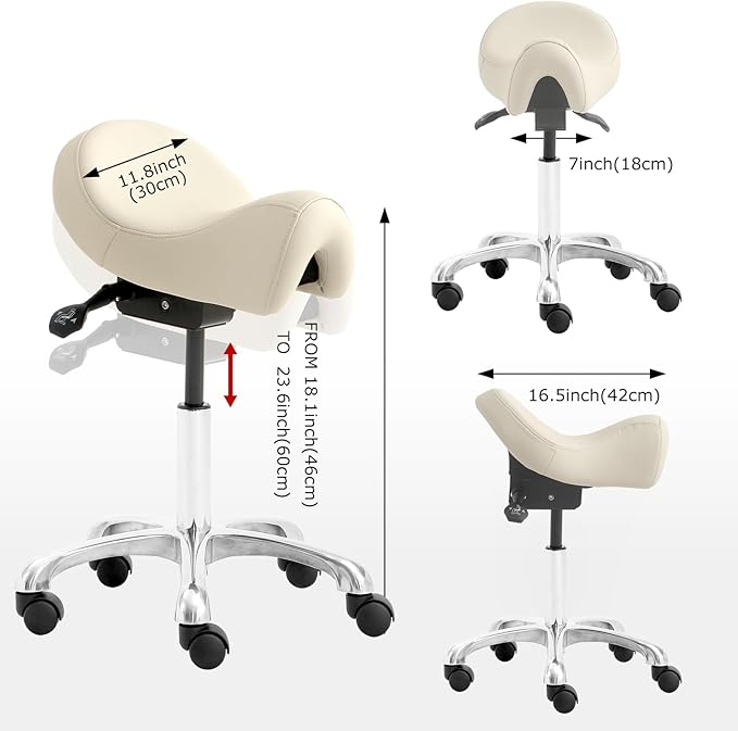 Saddle Stool with Wheels, Height Adjustable Ergonomic Rolling Saddle Chair for Salon Tattoo Shop Spa Home Dentist Clinic, Beige Saddle Stool