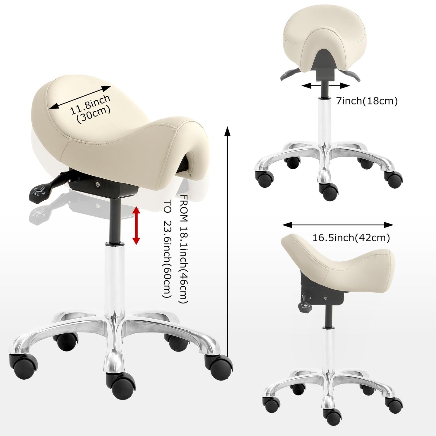 Eognyzie Saddle Stool with Wheels, Height Adjustable Ergonomic Rolling Saddle Chair for Salon Tattoo Shop Spa Home Dentist Clinic, Beige Saddle Stool