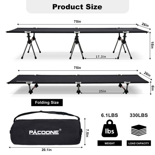 PACOONE 2-in-1 Ultralight Folding Camping Cot with Leg Extenders, Military Camping Cots Bed, Heavy Duty Folding Sleeping Camping Cot for Backpacking Hiking Travel Tent, Support 330 Lbs(Black)