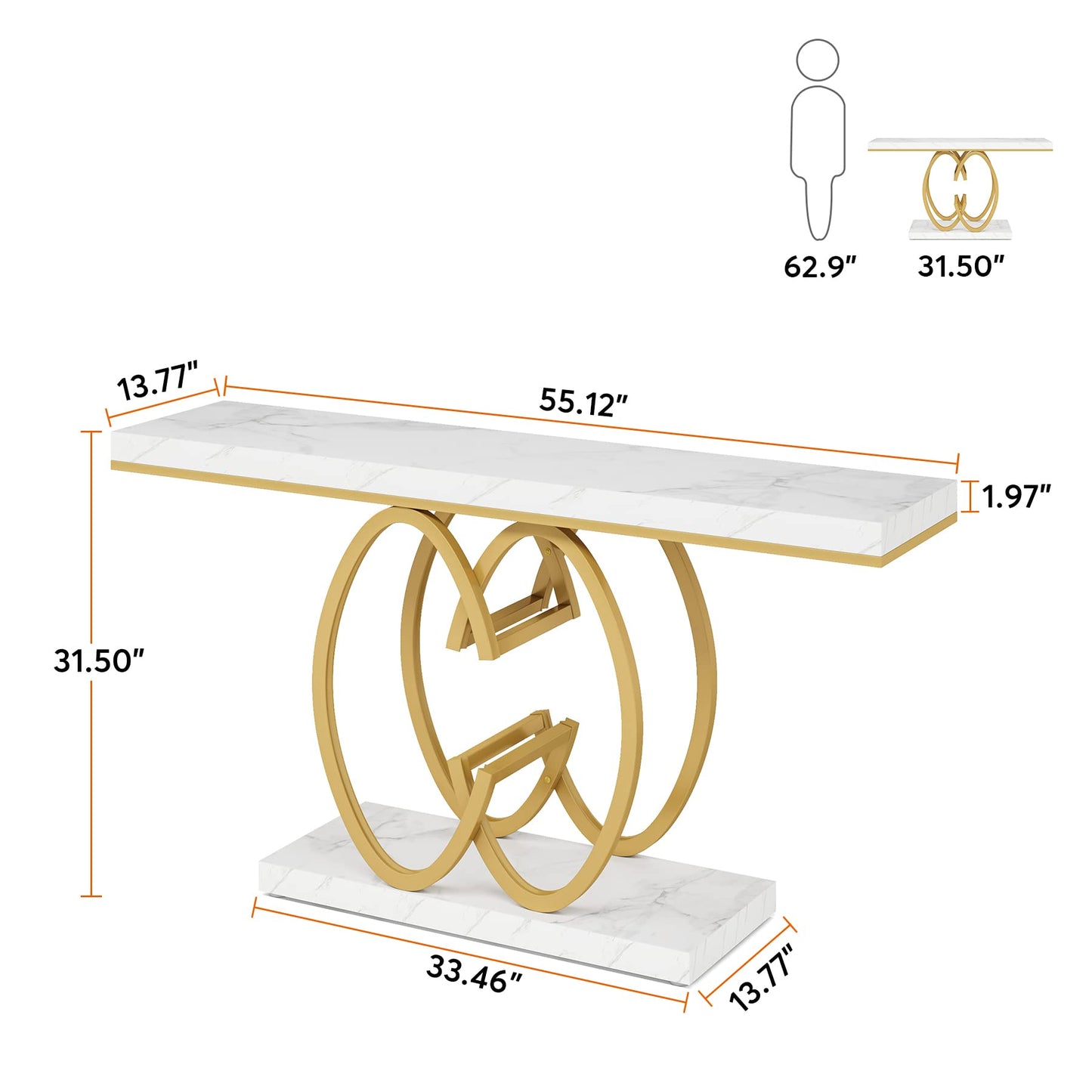 Tribesigns 55 Inch Console Table for Hallway, Faux Marble Gold Entryway Table with Geometric Metal Base, Modern Narrow Sofa Accent Table for Entrance, Living Room, Foyer (White & Gold)