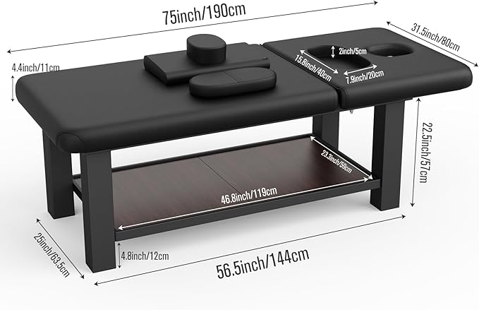 Adjustable Backrest Heavy-Duty Wide Massage Table, Treatment Physical Therapy Table, Wide Luxury Professional Stationary Spa Facial Bed, PU Leather Salon Bed, Black, 31.5'' W × 75'' L