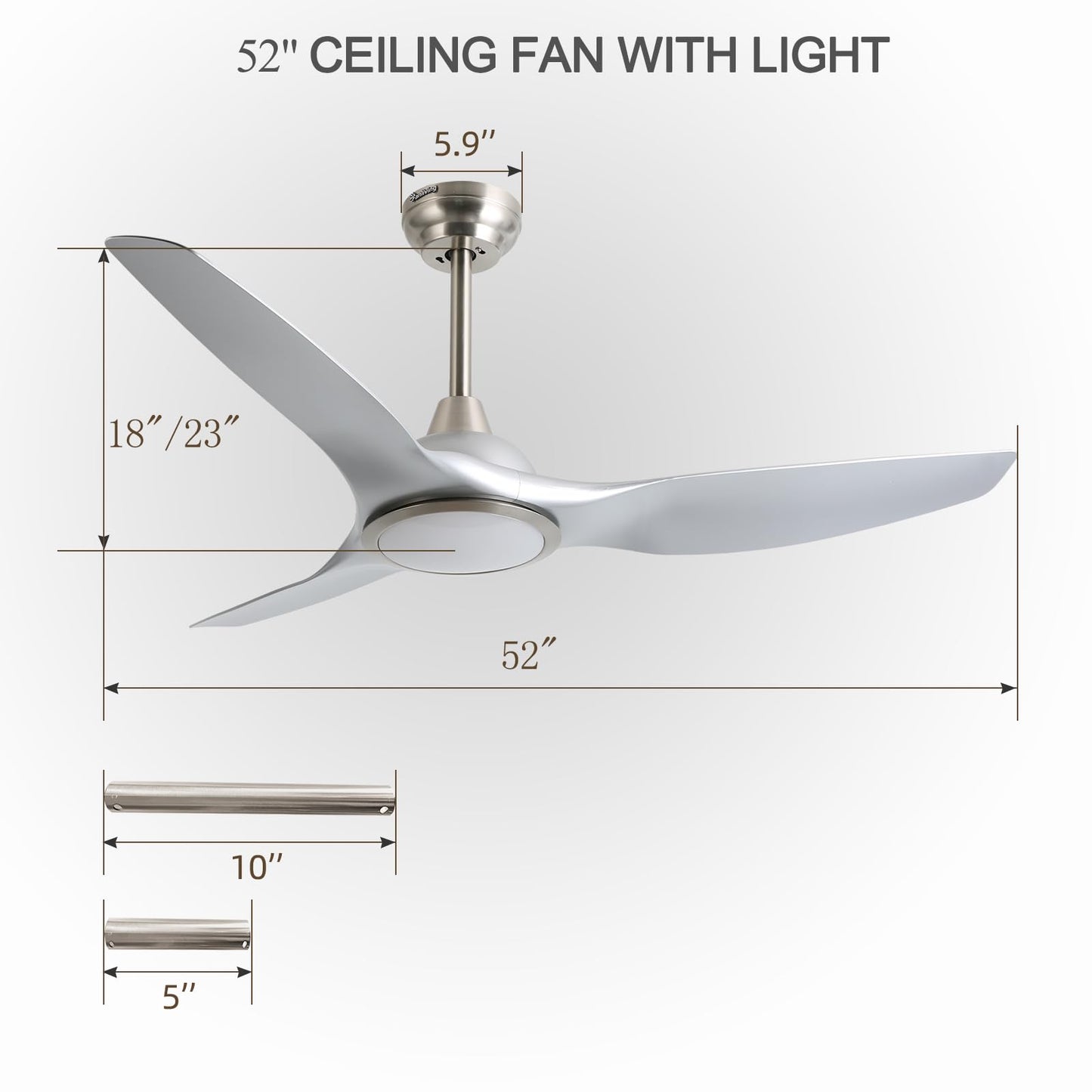 Fanliving 52 Inch Quiet DC Motor Ceiling Fan with Light Remote Control, Indoor 3 Blade Silver Modern Ceiling Fan for Bedroom Living Room Porch