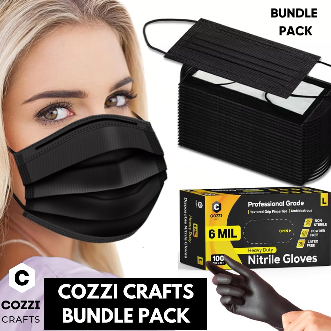 Cozzi Crafts Black Face Masks Disposable 100 Pack 3 Ply Facemask with White Inside, Dust & Allergy Mask, 3 Layer Adult Breathable