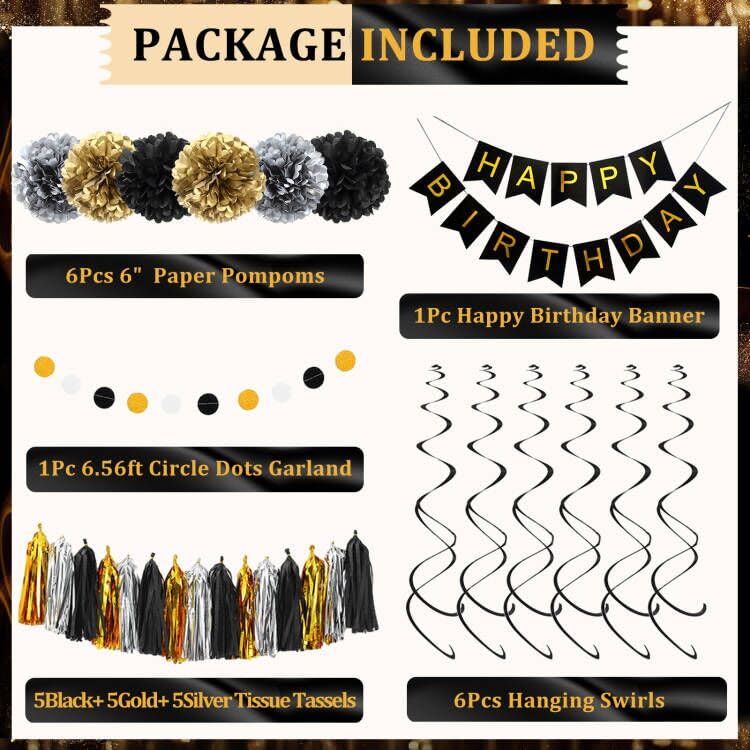 Black and Gold Birthday Party Decorations Kit for Men Women, Cheers Beer Confetti Black Gold Balloon Happy Birthday Banner...