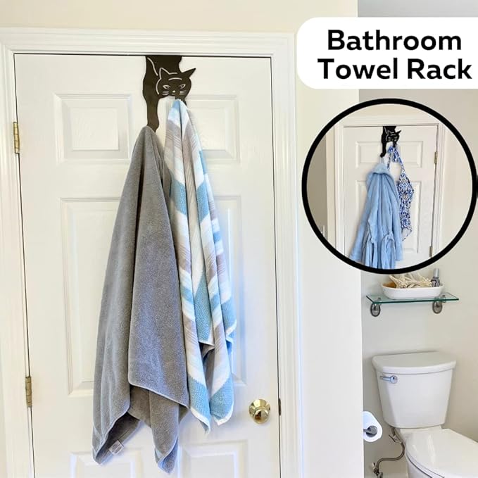 Evelots Cat Over The Door Hooks for Hanging - Black - Over The Door Organizer - Strong Metal Hooks