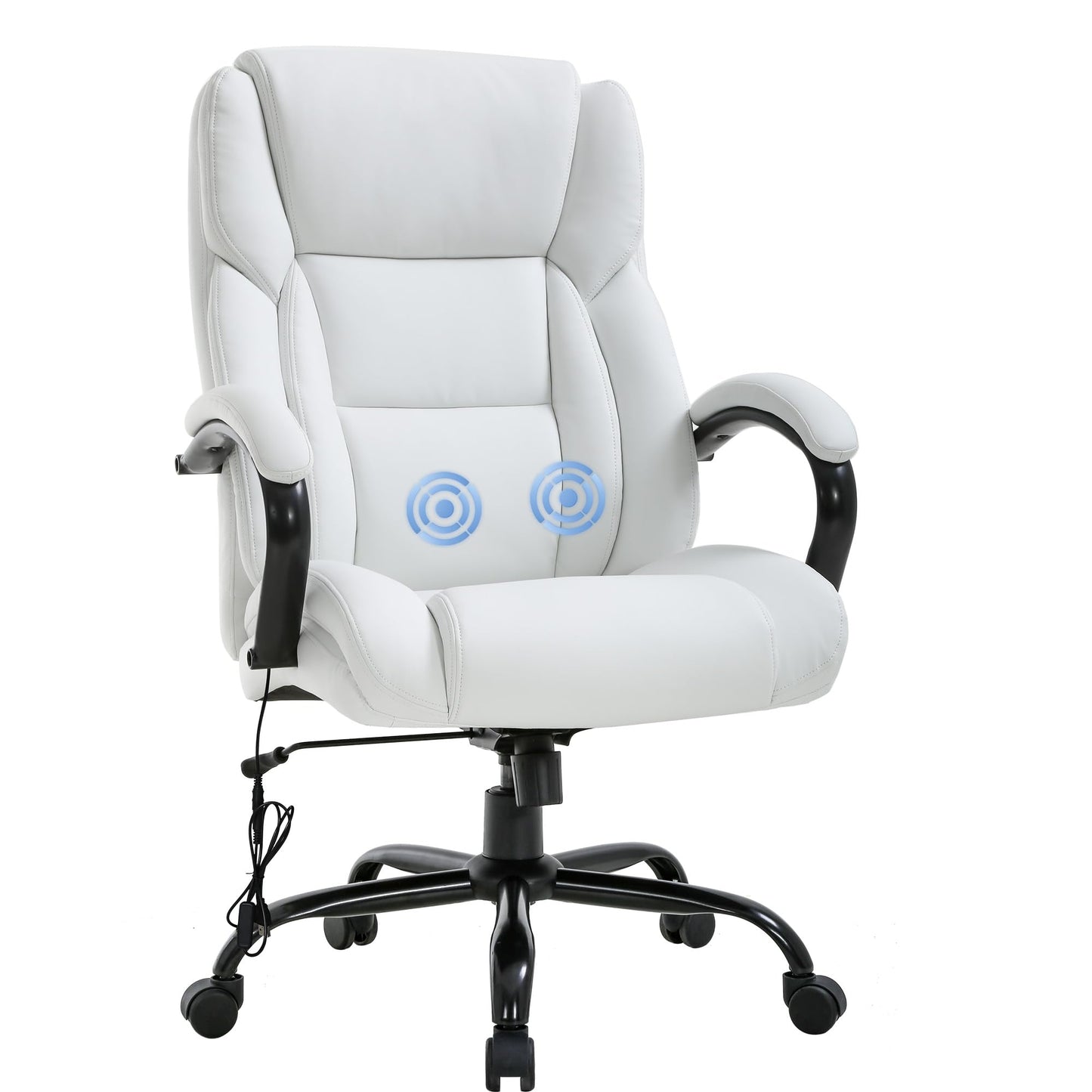 Office Chairs Big and Tall 500lbs Wide Seat for Heavy People Ergonomic Massage PU Leather Executive Chair Adjustable Rolling Swivel Computer Desk Chair with Lumbar Support Headrest Task Chair White